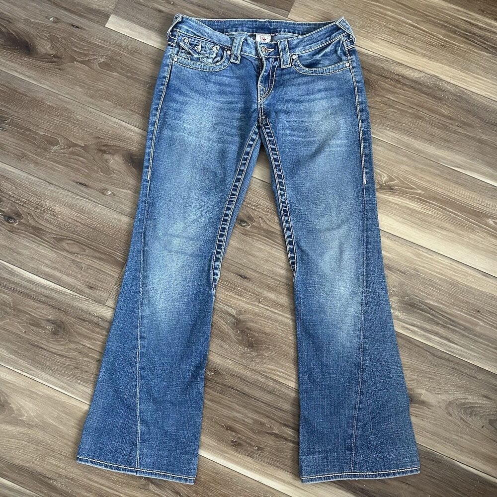 True Religion Disco Joey Big T Flare Jeans Women Sz 27 Low Rise Twisted Seam USA